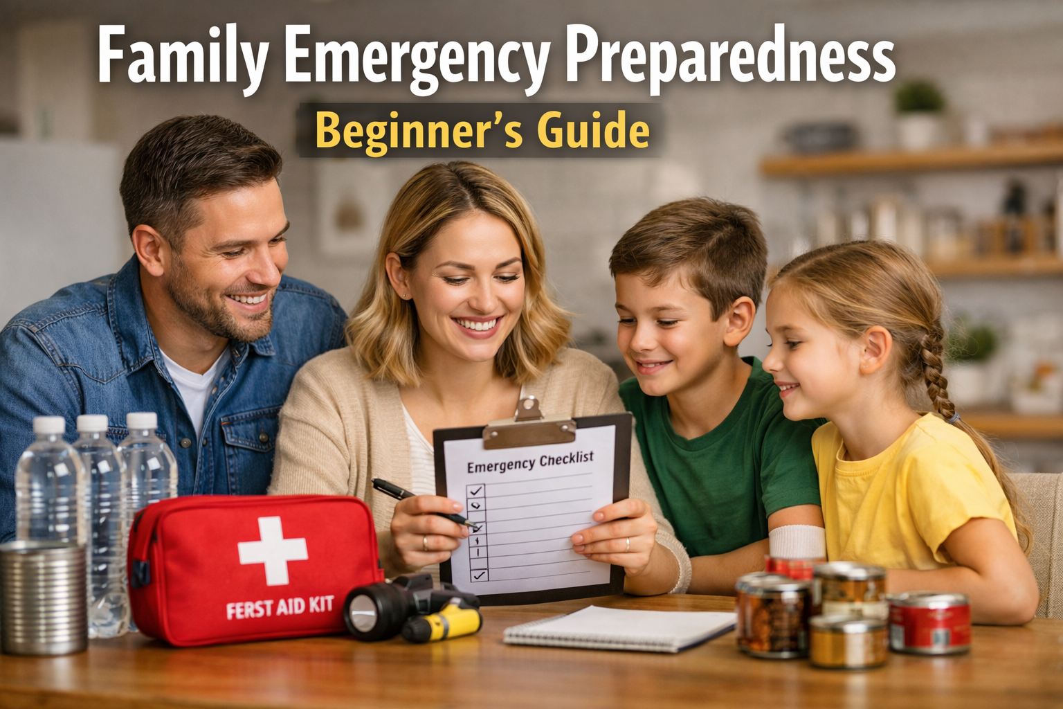 Family of four sitting at a kitchen table reviewing a family emergency preparedness checklist with first aid kit, water bottles, and canned food