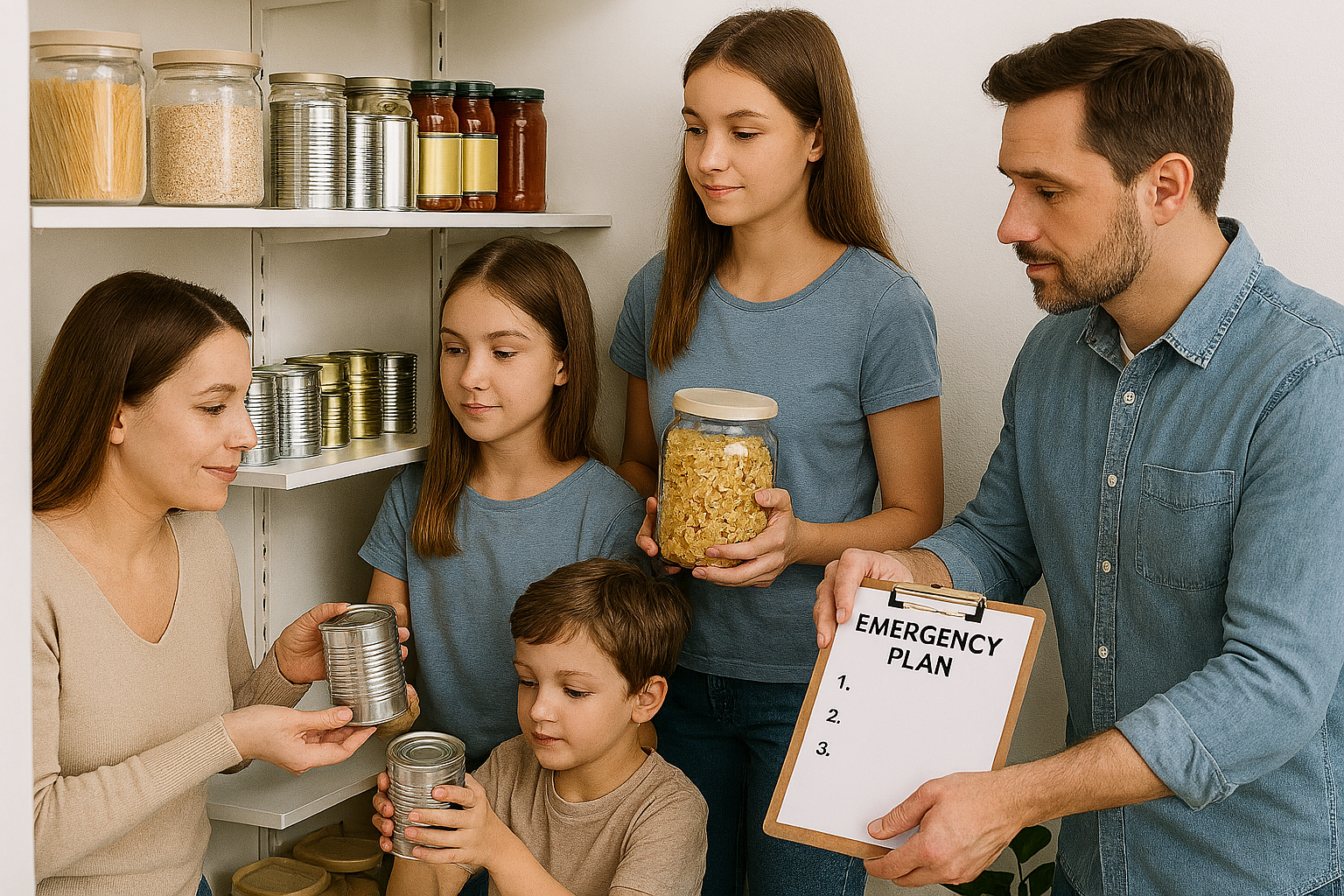 Family organizing emergency food supplies.